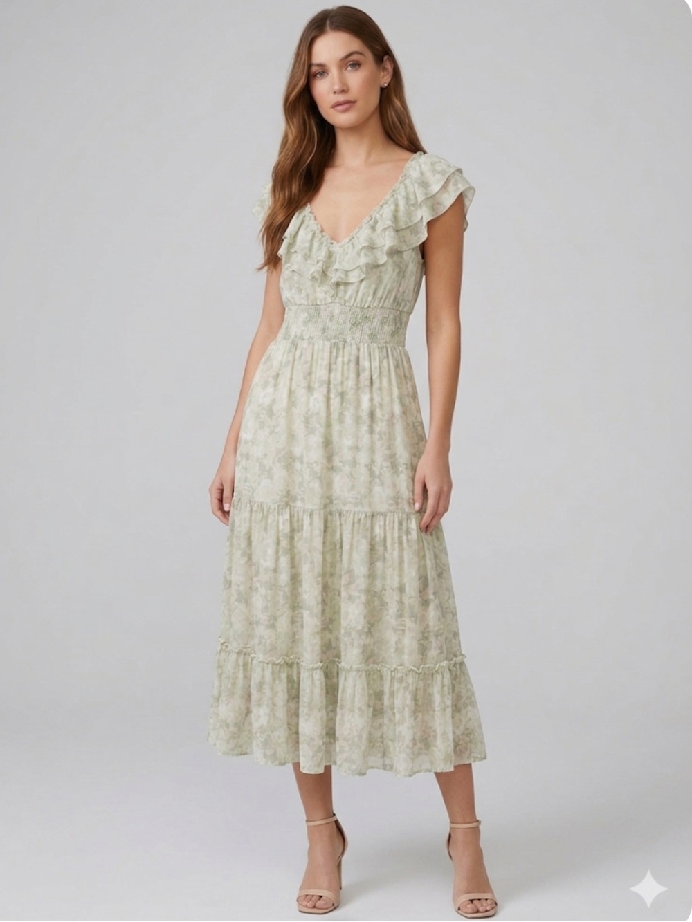 Lalavon Floral Ruffle Tiered Midi Maxi Dress Large